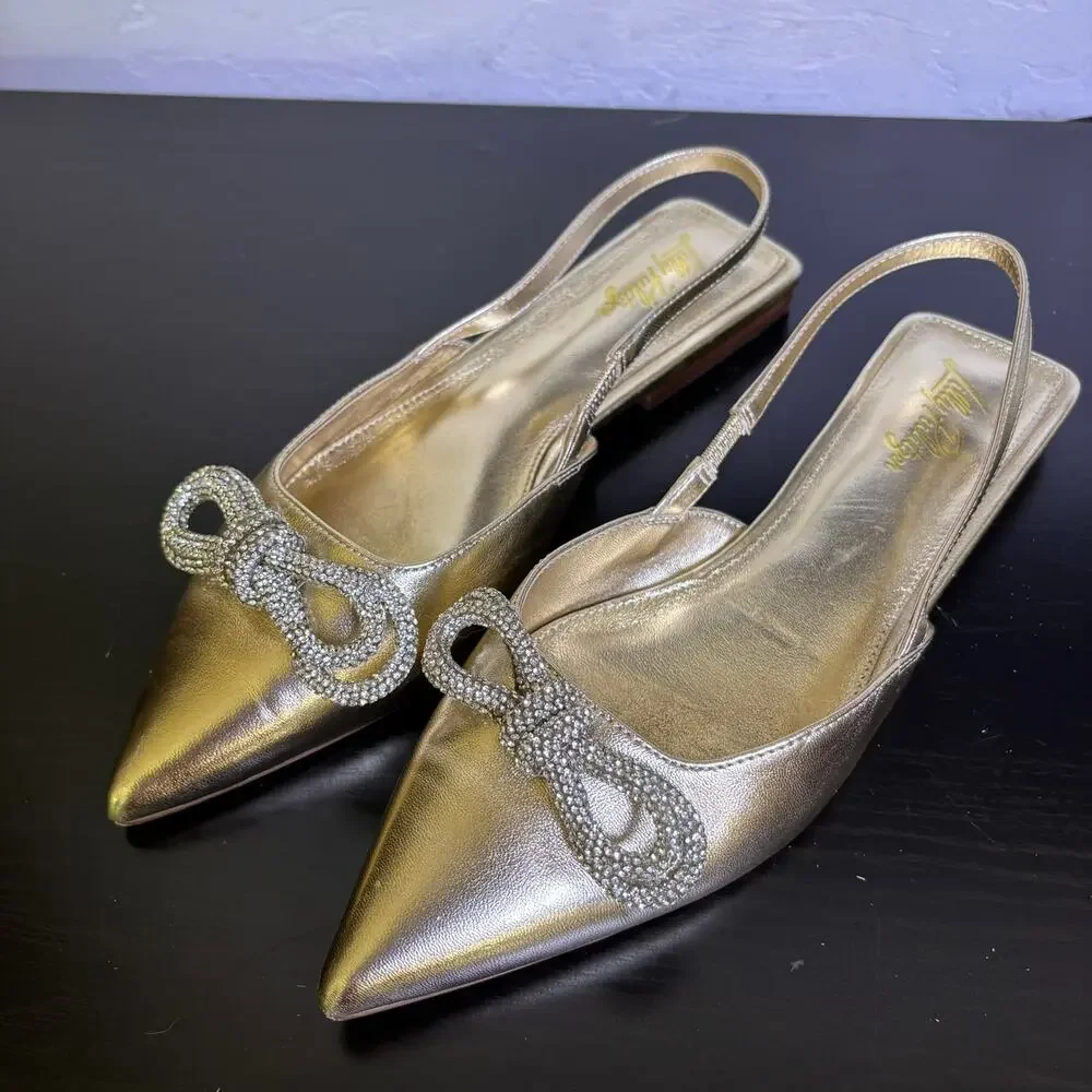 Lilly Pulitzer Brit Gold Leather Slingback Dressy Summer Event Bling Bow Size 9 - Picture 2 of 15